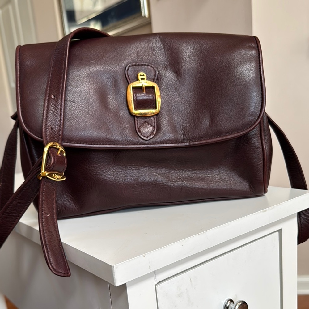 Etienne Aigner Dark Brown Shoulder Bag with Gold Buckle